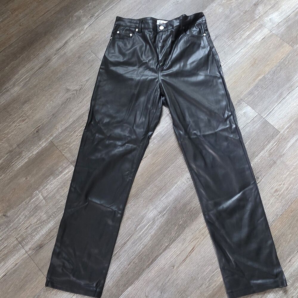 Red Star Womens Black Pants Faux Leather Straight Leg Fleece Lined,Size 6/28